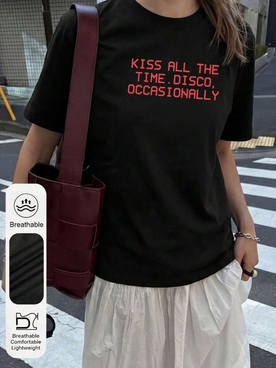 Camiseta Casual de Mujer con Estampado de Besos, Cuello Redondo y Manga Corta, Adecuada para Uso Diario y Fiestas Ocasionales, Color Negro de Verano - Negro - Ver 1
