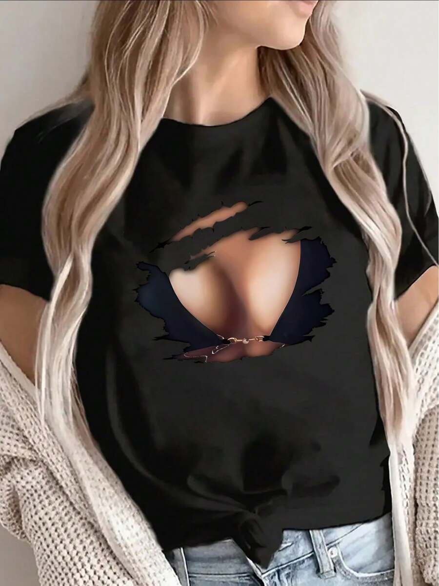 Women's Short Sleeve T-Shirt With Black And White Lip Print - Eye-Catching Lip Design, Lightweight And Breathable Polyester Fiber, Round Neck, Casual Party Top, Durable T-Shirt For Everyday Wear, Machine Washable For All Seasons, 100% Cotton. - 黑色 - 查看 1