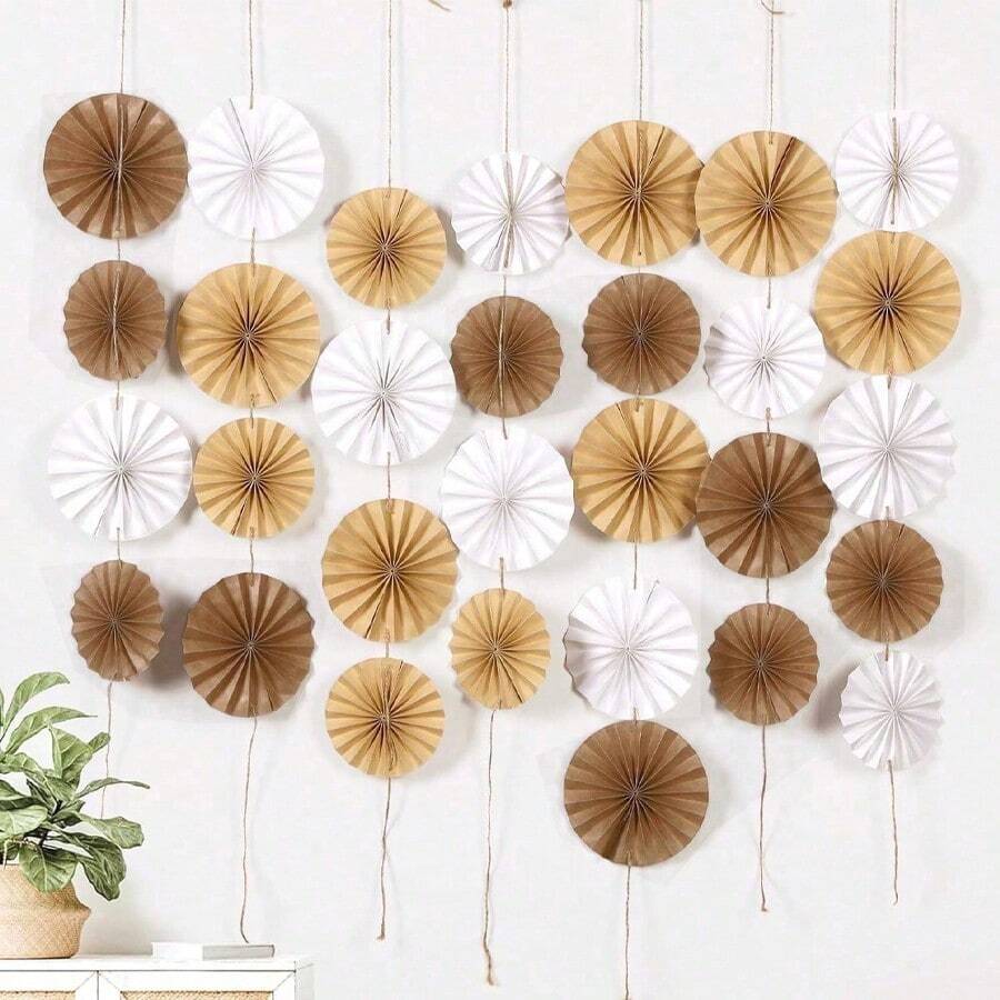 15pcs/30pcs Bohemian Style Hanging Paper Fans, Neutral Rustic Style Paper Fan Garland, White & Brown, Party Decorations For Boho Party, Baby Shower, Birthday, Wedding, Bridal Shower, Classroom Decor - Paper Fan - View 1