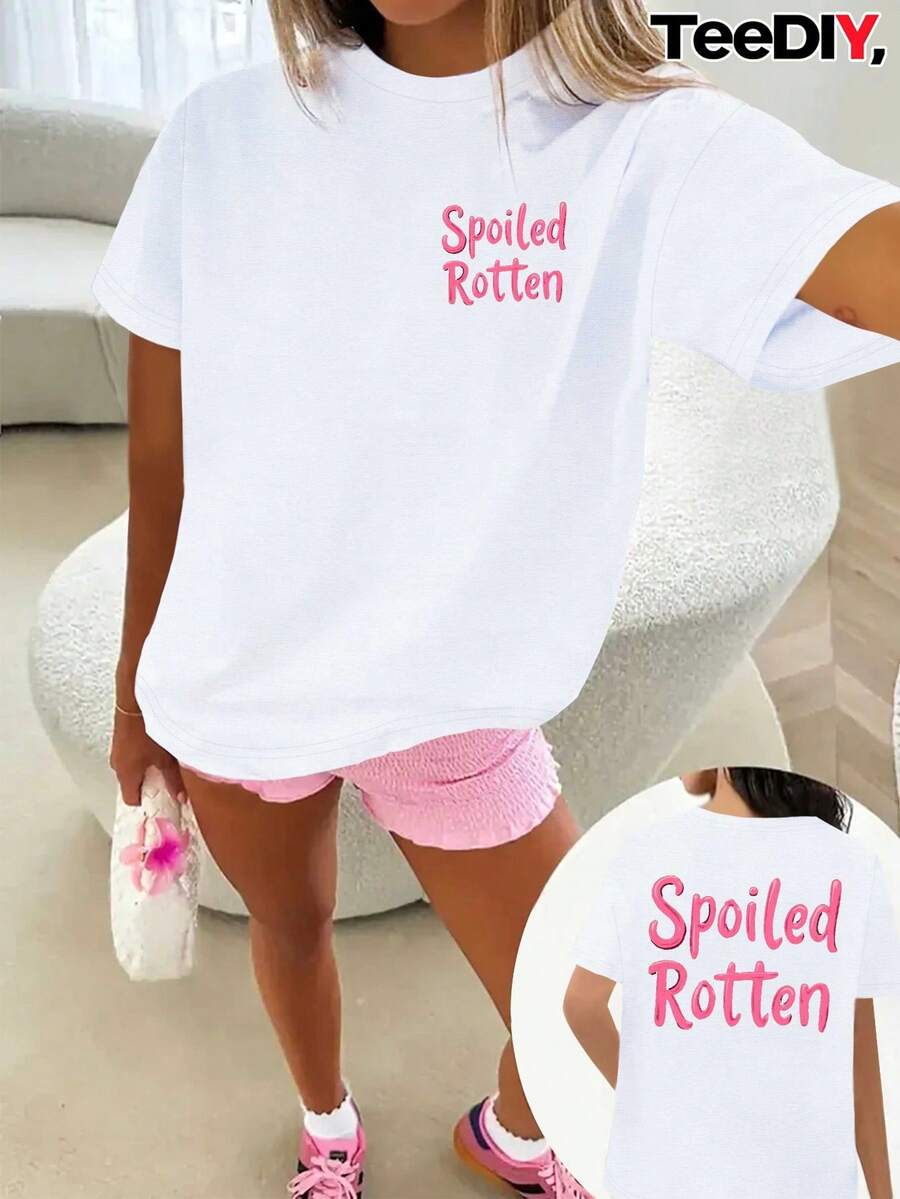 Minimalist. 100% Cotton. 1 Piece [Front And Back Images]. Pink "Spoiled" Lettering - Soft Everyday T-Shirt, Suitable For Casual Wear And Leisure - Non-See-Through Fabric - Women's T-Shirt, Casual Wear, Fun Design, Relaxed Fit, Casual Outfit, Fashion Top, Breathable Fabric, Short-Sleeved Top, Flatters Curvy Women's Figures, All-Season Clothing, Everyday Wear, Regular Fit, Basic Top, . Spring/Summer Top. - 白色 - 查看 1