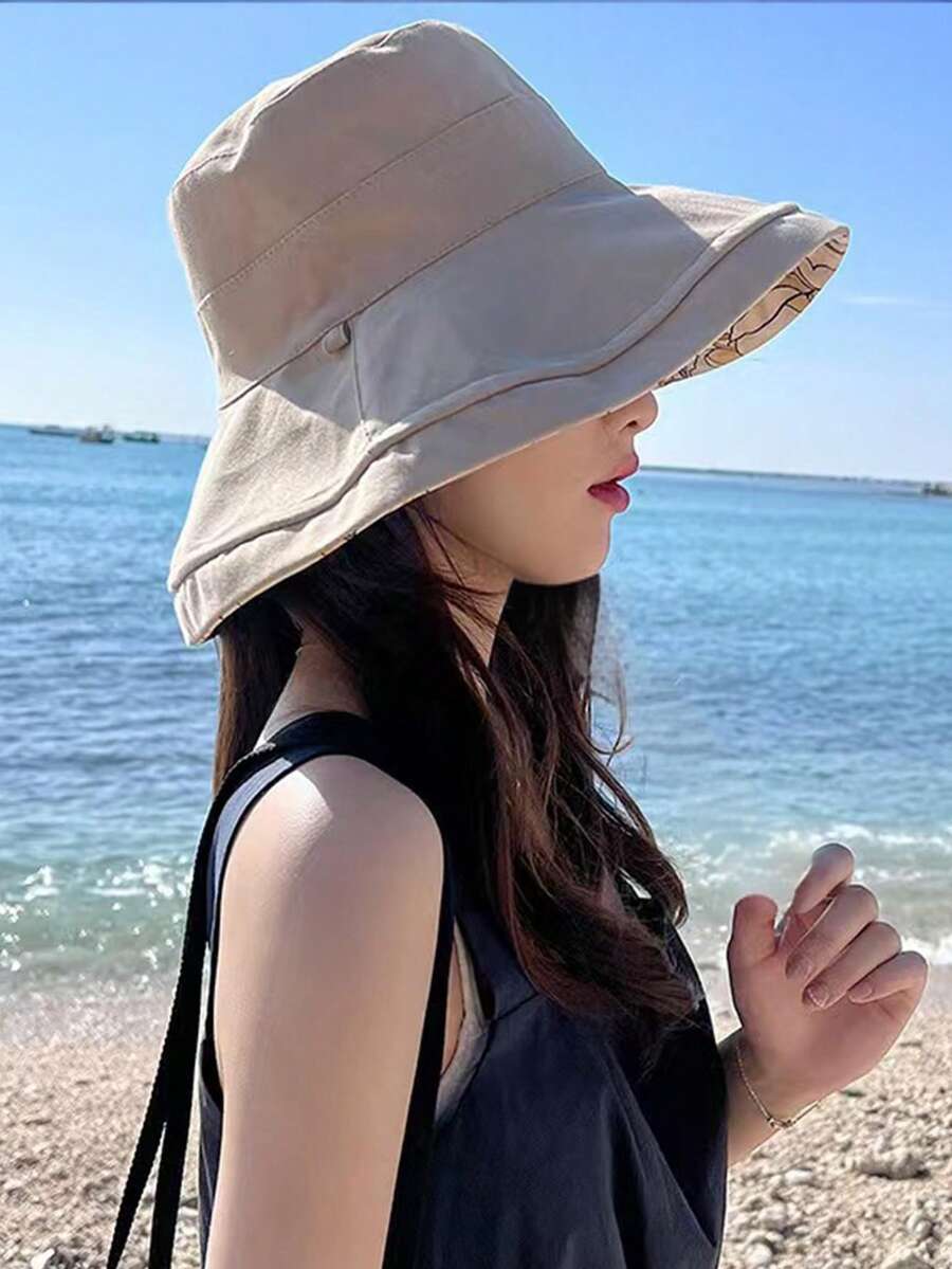 Mũ xô chống nắng nữ in hoa hai mặt, vành rộng che toàn mặt cho mùa hè [Có kèm dây chống gió, màu ngẫu nhiên] - màu sắc - Xem 1
