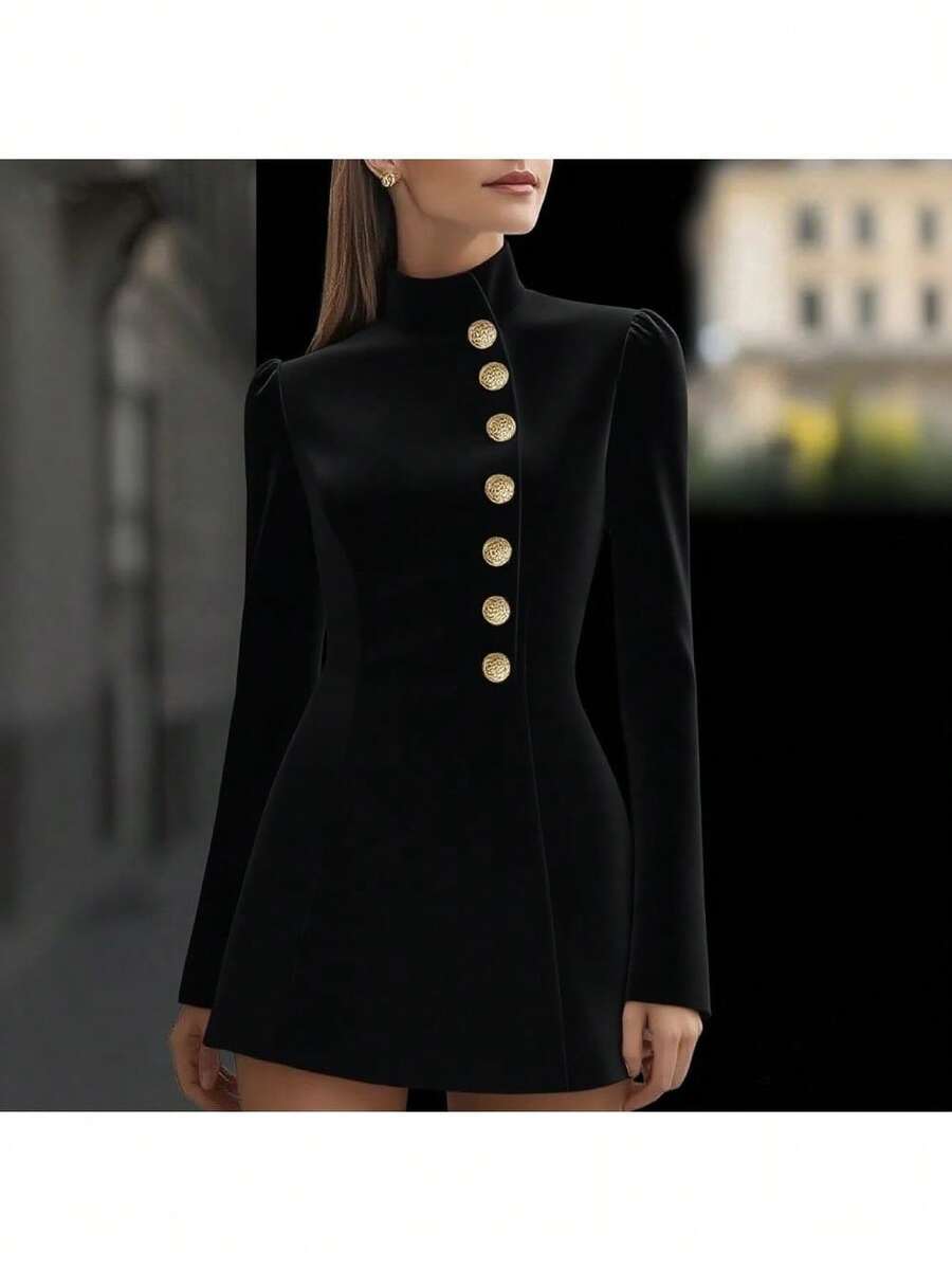 Vestido corto de manga corta, cuello alto, botones simples, de color liso, elegante y favorecedor para la figura - Negro - Ver 1