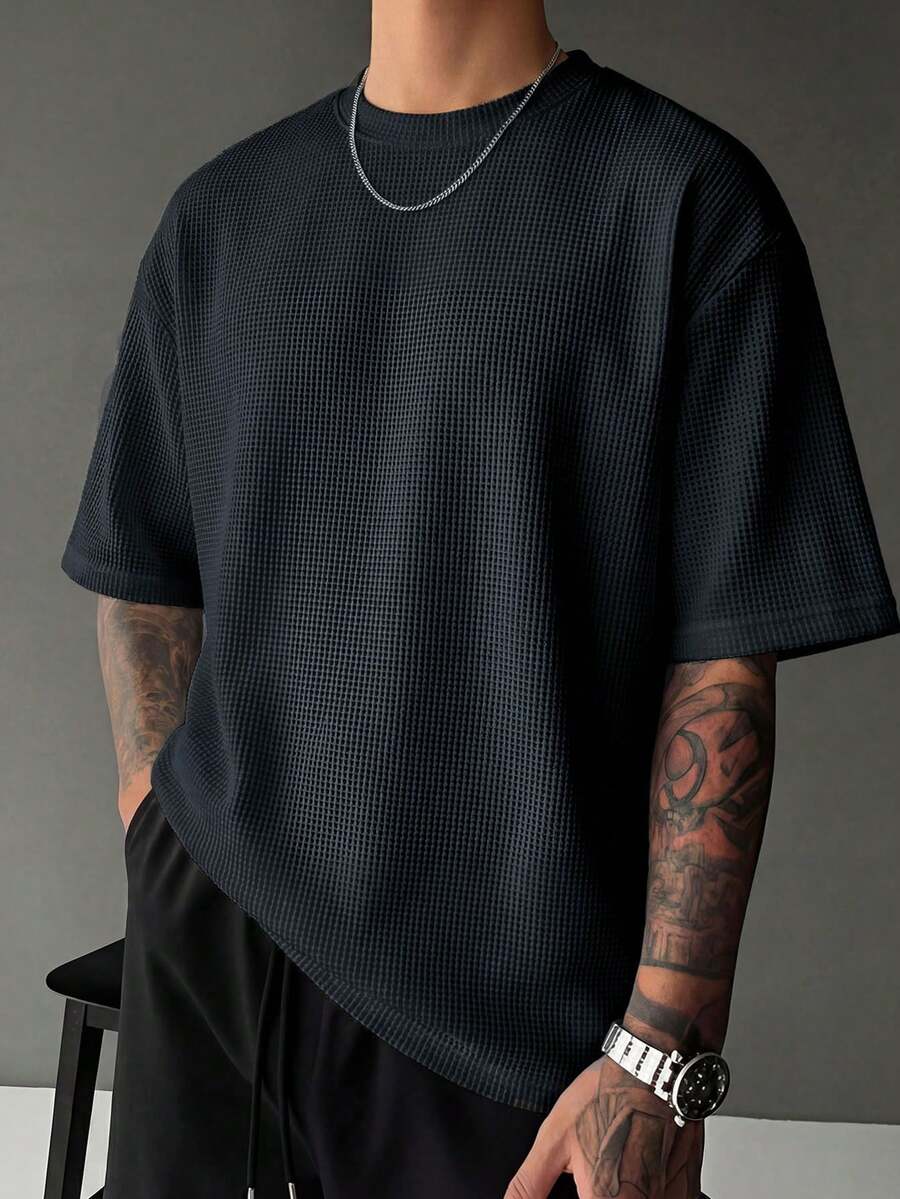 Nueva camiseta de punto para hombre, cuello redondo de verano, camiseta de manga corta casual y sencilla, transpirable - Azul Marino - Ver 1