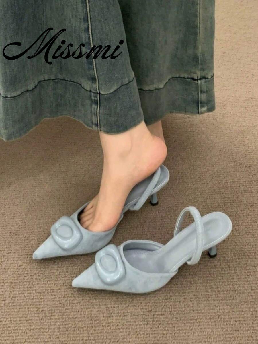 Women's Velvet Effect Embellished Pointed Toe High Heels,Kitten Heels - Blue - View 1