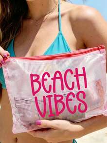 Bolsa de cosméticos de malla impermeable con estampado BEACH VIBES, bolsa de playa de tela de malla multicolor de moda, tema de playa. Bolsa de maquillaje de malla transparente con cremallera de nylon de gran capacidad, organizador de artículos de tocador de viaje ligero, bolsa de almacenamiento portátil para guardar protector solar, cuidado de la piel, herramientas de belleza, aperitivos, bikinis & artículos esenciales de playa, almacenamiento de primavera & verano - Multicolor - Ver 1