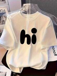 2026Oversize Extra grande Camiseta Casual de Cuello Redondo de Manga Corta para Mujeres - Impresión Gráfica "Hola", Ajuste Regular Transpirable, Top Ligero de Verano, Blanca con Letras Negras, Camisetas para Damas, 100% Algodón2026 - Blanco - Ver 1