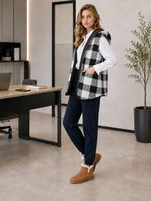 Women's Winter Fleece Vest With Reversible Hood. - Black and White - View 3