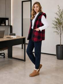 Women's Winter Fleece Vest With Reversible Hood. - Black and Red - View 2