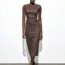jianchaimaoyi02 Maija Vestido sin mangas con pliegues y estampado de lunares para mujer - Marrón - Ver 10