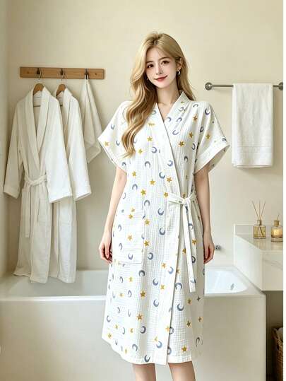 純棉紗布星月印花浴袍，夏季輕量和服風繫帶家居服睡衣，浴室桑拿袍