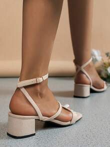 Sandals gót vuông thấp mùa hè quai cổ chân đan chéo da lộn giả thanh lịch - Màu be - Xem 4