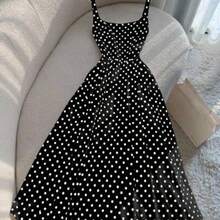yonghongmaoyi1  Vestido largo de tirantes con estampado de lunares francés retro para vacaciones en la playa - Negro01 - Ver 1