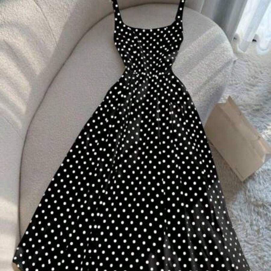 yonghongmaoyi1 Vestido largo de tirantes con estampado de lunares francés retro para vacaciones en la playa - Negro01 - Ver 1