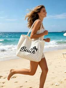 白色波點海灘托特包，印有「Beach」字樣與棕櫚樹圖案，大容量帆布單肩包，可重複使用，適合購物與旅行，可折疊帆布單肩托特包，通勤包，平板電腦包，收納包，夏季必備旅行包，適合海灘旅行、泳池日、購物與日常使用，適合女性、旅行者與海灘愛好者，完美適用於春假、復活節、母親節、度假與送禮 - 彩色 - 查看 3