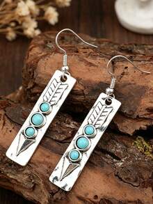 1 Pair Vintage Bohemian Long Arrow Inlaid Synthetic Turquoise Alloy Dangle Earrings - Antique Silver - View 4