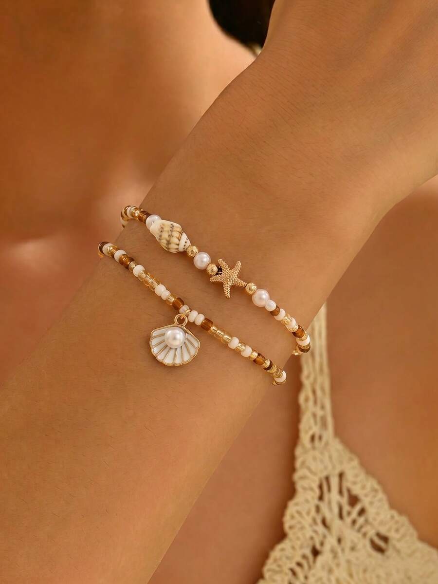 2pcs/Set Gelang Manik-Manik Bentuk Bintang Laut dan Cangkang, Perhiasan Tangan Wanita Gaya Pantai Laut Minimalis Buatan Tangan, Cocok untuk Pemakaian Sehari-hari dan Perjalanan Liburan, Susunan Warna Manik-Manik Acak - MultiWarna - View 1
