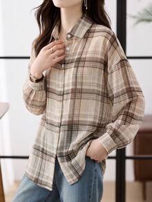 YUXIN Women's Retro Checkered Shirt, Long Sleeved Button Down Jacket, Loose Fit Layered Piece For Daily Camping And Commuting Wear - Apricot - View 4