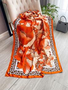 1PC Faux Silk Elegant Leopard Print Floral Pattern Scarf For Women, Long Beach Vacation Shawl, Sun Protection Beach Wrap, Fashion Versatile Scarf Shawl Suitable For Daily Matching And Decoration - Orange - View 3