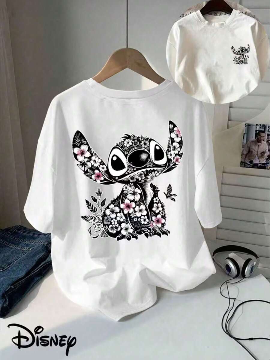 Licensed Disney Tee: Lilo & Stitch Floral Stitch Print, 100% Cotton, Relaxed Fit, Soft & Breathable, Unisex Crew Neck Short Sleeve. - 白色 - 查看 1