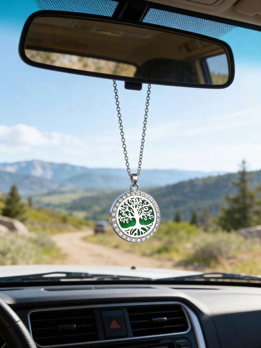 Tree Of Life Aromatherapy Car Fragrance Pendant, Essential Oil Diffuser Car Rearview Mirror Hanging Ornament, Stainless Steel Openable Pendant With 10pcs Replacement Felt Pads, Home Decor Fragrance Diffuser Necklace - A - View 1