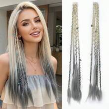 2pcs/Set Women's Clip-In Braided Hair Extensions, 20 Inch With Beads And Charms, Handmade Synthetic Bohemian Style Hair Pieces, Suitable For Cosplay, Renaissance Fair, 8 Strands - 彩色 - 查看 2