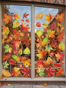 Approx. 56pcs/6sheets - Autumn Maple Leaf Static Window Decals, Thanksgiving Autumn Window Stickers, Autumn Maple Leaf & Acorn Window Decals, Home Autumn Decor - Reusable Glass Static Window Decals - Autumn Leaves, Flowers, Pumpkin Window Decals, Outdoor Office Autumn Decor, Thanksgiving Friends Gathering Supplies, Thanksgiving Birthday Supplies, Thanksgiving Harvest Decor - A - View 5