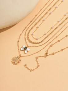 5pcs/Set Elegant Design Faux Pearl Gold Handmade Chain Sweet Bow Flower Pendant Decorative Necklace, Layered Or Single Wear, Charming Women's Neck Jewelry, Chain Cut By Length, Number Of Sections Not Fixed - Multicolor - View 3