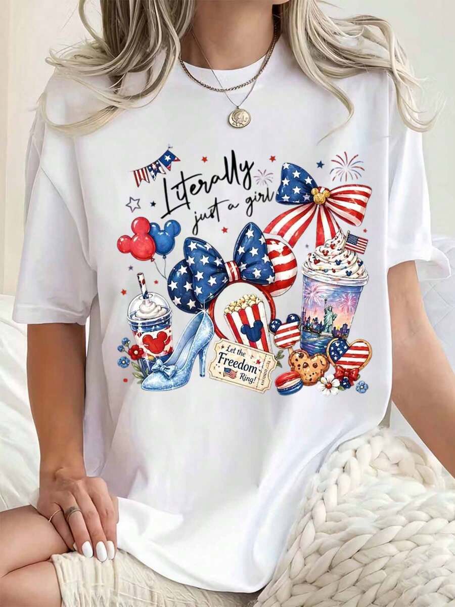 Disney Women Round Neck T Shirt Printed With Patriotic Mickey Mouse And American Flag Design Featuring Stars Stripes Cupcake Popcorn And High Heel Shoe Graphic Text Literally Just A Girl Let The Freedom Ring Perfect For July 4th Independence Day Celebration Casual Wear 220g - White - View 1