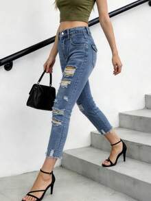 Women's Ripped Capri Cropped Jeans, Light Wash Distressed Denim Pants - Medium Blue - View 2