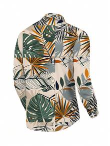 Standard Size Men's Long Sleeve Printed Shirt With Tropical Plant Pattern Collage, Fashion Casual Button- Collar Shirt, Men's Long Sleeve Shirt, Digital Print Versatile Regular Fit Dress Shirt, Comfortable Work Clothes For Men - 彩色 - 查看 5
