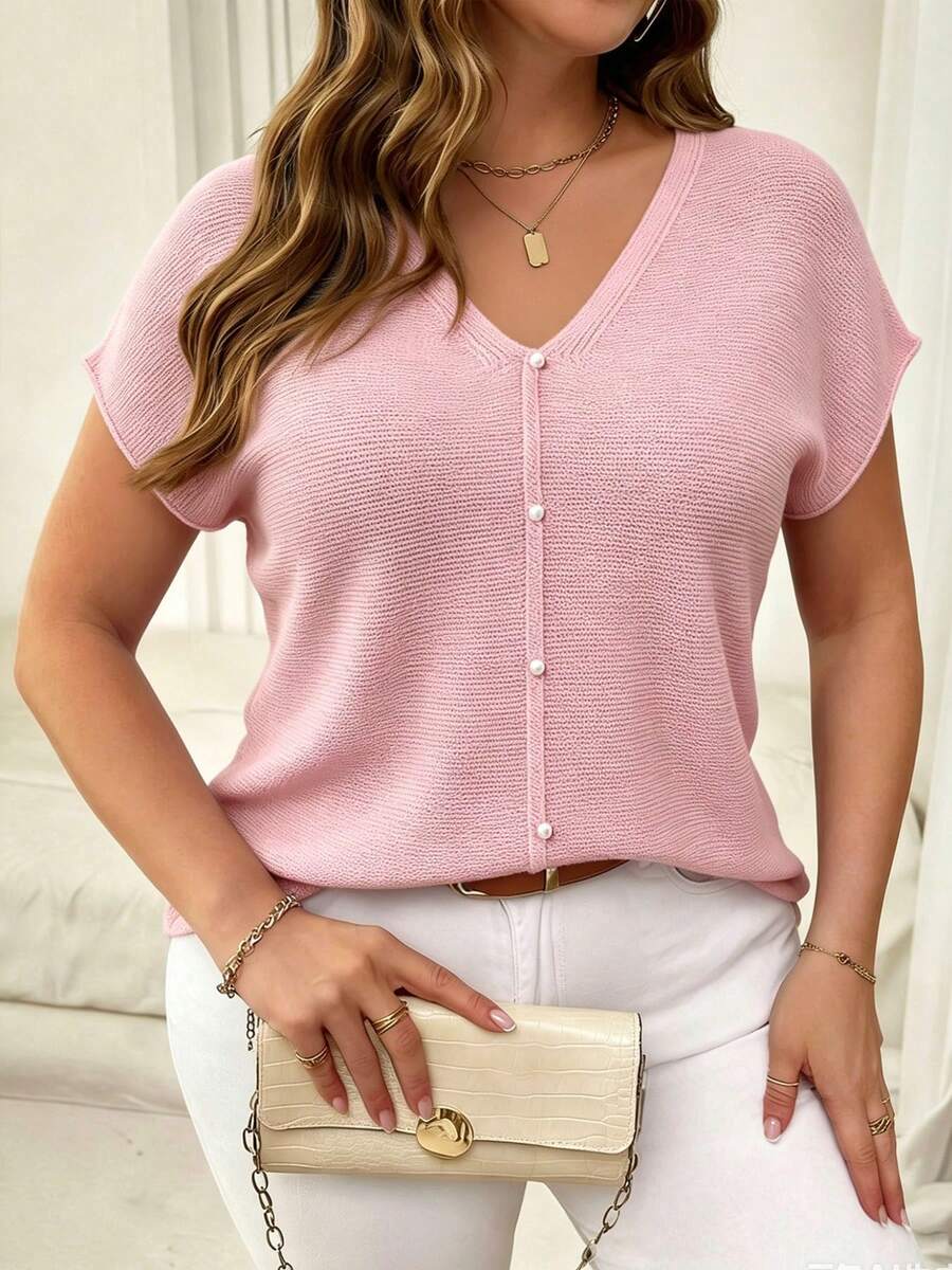 Plus Size Deep V-Neck Knit Top, Semi-Sheer Drop Shoulder Design, Regular Length, Slightly Stretchy Pink Summer - Pink - View 1