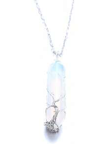 Euuztu Halukakah Moonstone Necklace - LUNARLOVE - Handmade Platinum/18k Gold Plated Winding Tree Of Life Wire, Natural Hexagonal Shape Pendant And 50cm Chain, Her - 4 LUCK - Jade, Tree (Platinum) - View 3