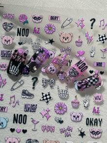 1pc Sweet Punk Style 6D 3D Embossed Nail Stickers, Pink & Black Color Scheme With Skull, Bear, Lightning, Skeleton Hand & Fun Text, Subculture Vibe, Suitable For Streetwear, Y2K Look, Sweet Punk Nails, Party Occasions, Ideal For Subculture Enthusiasts, Students, Nail DIY Beginners, Personalized Girls - Multicolor - View 5