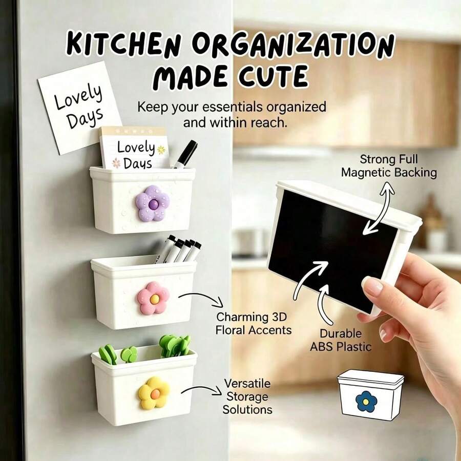 Cute Flower Magnetic Storage Box, No-Drill Wall-Mounted Storage Box, Strong Magnetic Refrigerator Storage Container, Suitable For Kitchen, Office, Bathroom, Desktop And More, Decorative Flower Magnetic Storage Box - Multicolor - View 1