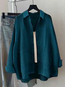 Women's Plus Size Solid Color Long Sleeve Casual Loose Shirt For Spring And Summer - Dark Green Blue - View 1