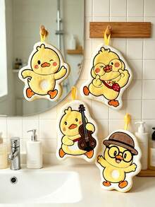 4pcs/1pc Coral Fleece Soft Absorbent Lint-Free Hanging Hand Towel Cute Little Duck Design Hanging Multi-Functional Quick-Dry Bathroom Kitchen Towel Rag - Yellow - View 12
