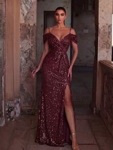 Faeriesty Elegant Off-Shoulder Sequin Long Party Dress, Suitable For Spring Weddings, Garden Parties, Formal Dinners And Graduations - Maroon - View 1