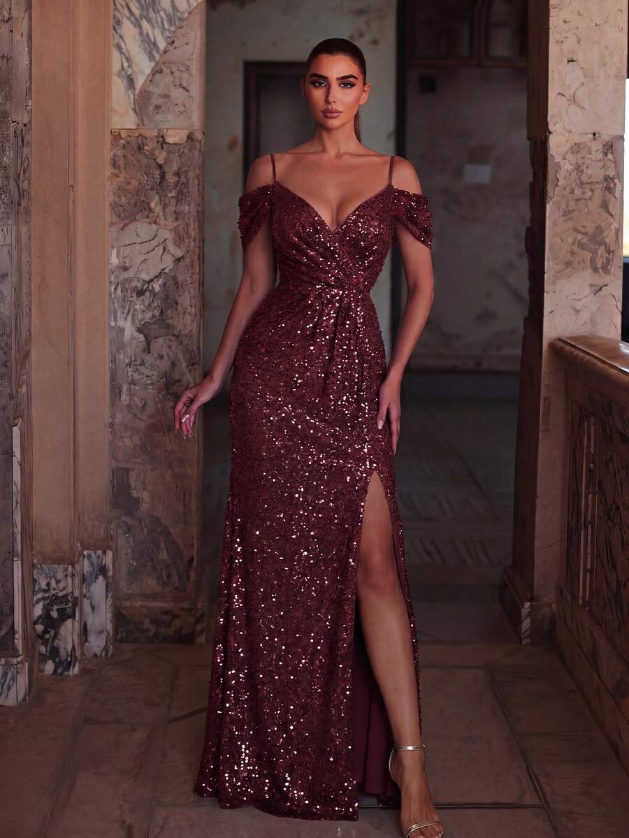 Faeriesty Elegant Off-Shoulder Sequin Long Party Dress, Suitable For Spring Weddings, Garden Parties, Formal Dinners And Graduations - Maroon - View 1