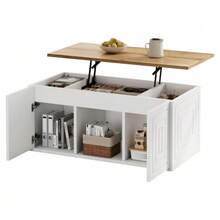 Mesa de centro para sala de estar, 46 x 95 x 45 cm, altura ajustável até aproximadamente 59 cm, com duas portas de armário e design minimalista. Mesa lateral em madeira natural, mesa de centro, escrivaninha. - Branco - Ver 1