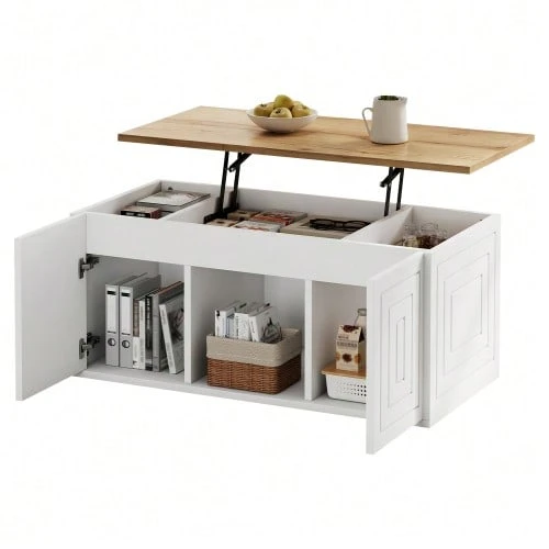 Mesa de centro para sala de estar, 46 x 95 x 45 cm, altura ajustável até aproximadamente 59 cm, com duas portas de armário e design minimalista. Mesa lateral em madeira natural, mesa de centro, escrivaninha. - Branco - Ver 1