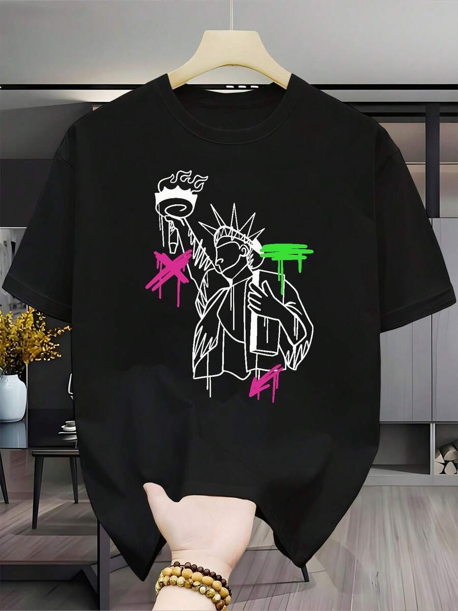 New Versatile And Stylish Casual Short-Sleeved T-Shirt, 100% Cotton, Printed - Black Base For Men With A Statue Of Liberty Graffiti Design, Unisex (For Men And Women), Comfortable Material, Short-Sleeved Top, Suitable For All Seasons. Perfect Gift For Holidays Or Birthdays - Unisex Design. - 黑色 - 查看 1
