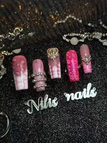 10pcs Handmade Fully Covered Long Square Nails Press On Nails, Pink Nails, 3D Rhinestone&Leopard&Zebra Print Decor, Y2K Sweet And Cool Hot Girl Style, Removable And Reusable False Nails For Party, Daily Wear & Cosplay, With Jelly Glue And Nail File - Pink - View 4