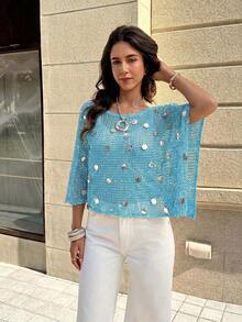 Top de punto de verano para mujer, estilo casual, color verde oscuro liso, hombros holgados, estilo bohemio, adecuado para playa y vacaciones - Azul 3 - Ver 6