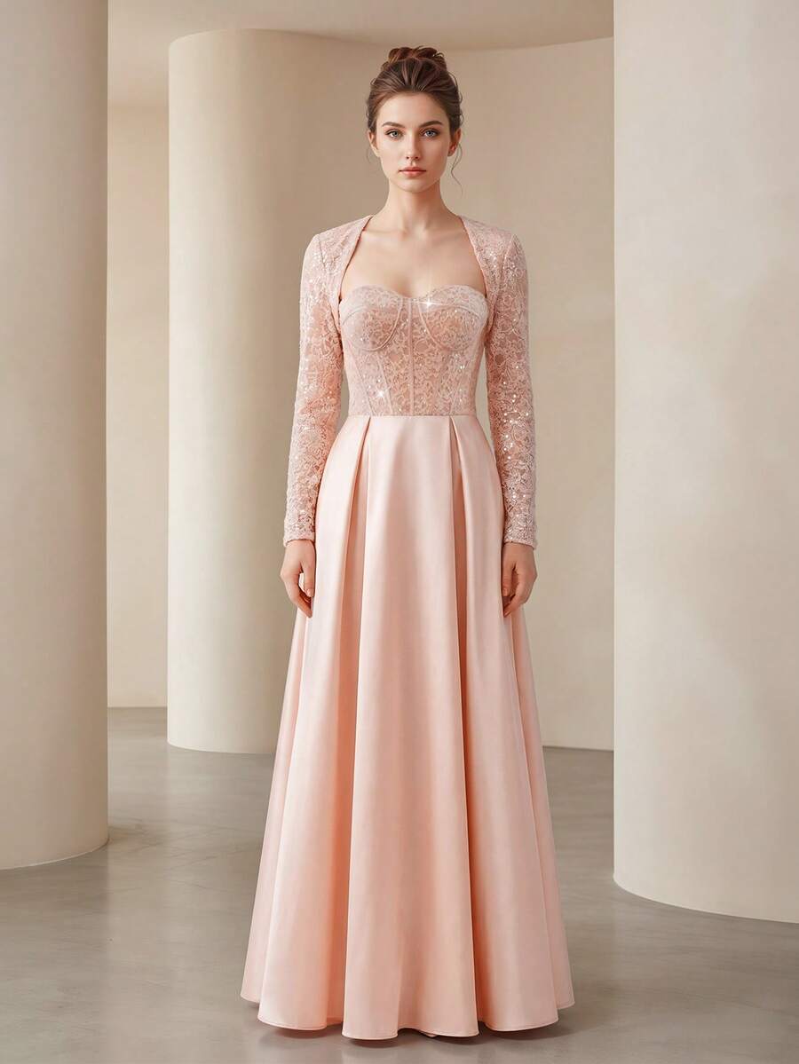 VIPGIRL Đầm dài satin hồng thanh lịch kèm áo khoác ren sang trọng, tay dài, chiết eo, xếp ly đính sequin, váy dạ hội chính thức, lưng dây buộc, hoàn hảo cho phù dâu hoặc sự kiện dạ hội, lý tưởng cho các buổi tiệc khiêu vũ và dạ tiệc tối - Màu Hồng baby - Xem 1