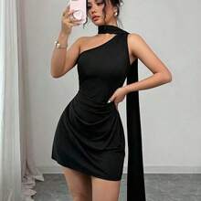 abyoxi Vestido mini ajustado con cuello asimétrico y cintura fruncida para mujer, elegante y de moda, adecuado para vacaciones, fiestas en la playa, bodas, festivales, graduaciones, fiestas, etc. Falda ajustado elástica para primavera y verano DG - Rosa - Ver 8