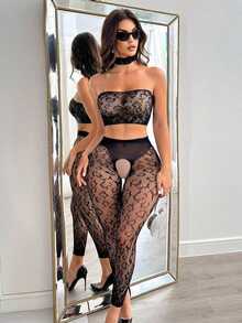 1-Piece New Leopard Print Lingerie, European And American Fishnet Stockings, Bustier Uniform, Suitable Young Women Dates, Gifts, Parties WKXI - 黑色-Black[豹紋胸衣+網襪組] - 查看 7