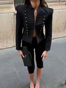 ZAHM Women's Black Napoleon-Style Short Blazer Jacket, Gold Button Decor, Stand Collar Military-Inspired Coat - Black - View 3