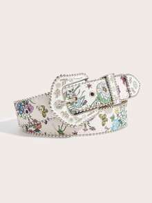 1pc Western Bohemian Style White Floral Carved Metal Buckle Women's Western Cowboy Fashion Belt, Suitable For Skirts, Dresses, Daily Wear, Fashion Style, Outdoor Activities, Gatherings, Parties, Christmas, Valentine's Day, Back To School Season, Halloween, Music Festivals, Autumn/Winter Accessories, All Season Outfits, Women, Mothers, Daily Commute, Vacation, Graduation Gifts, Birthday Accessories - White Pattern - View 7