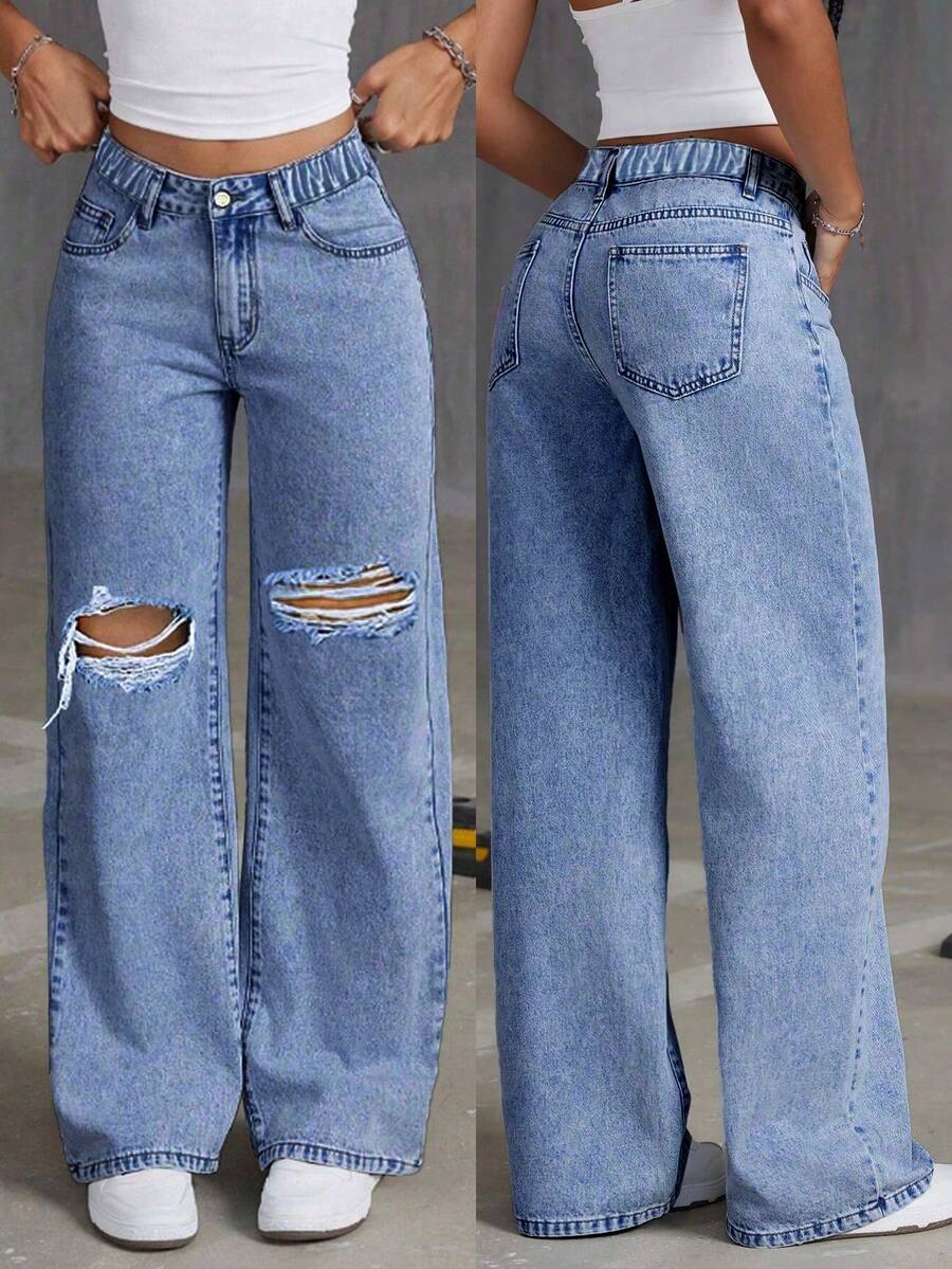 Celana Jeans Biru Muda Sobek Bergaya Remaja Putri, Busana Avant-Garde yang Istimewa untuk Semua Musim, Jeans Esensial Gaya Preppy yang Manis - Medium Wash - View 1