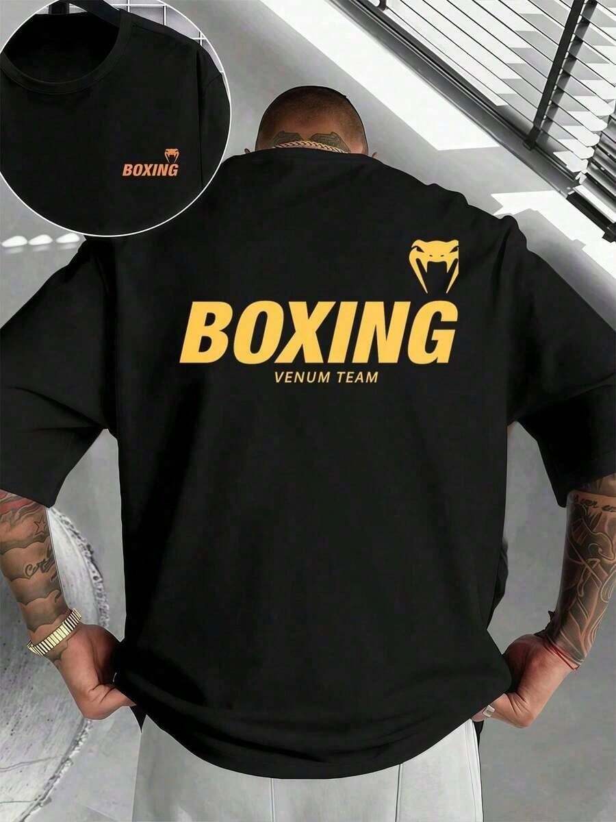 2026topsVenum Men's Boxing Graphic T-Shirt, Premium Cotton, Loose Fit, Hip-Hop Streetwear Style, Breathable, Double-Sided Print At The Top. - 黑色 - 查看 1